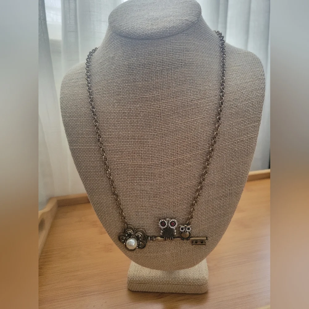 Owl and Key Pendant Necklace with Pearl Accent